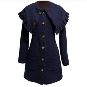 ANTHROPOLOGIE HWR Wool Cape Ruffle Collar Sweater Button Coat Navy